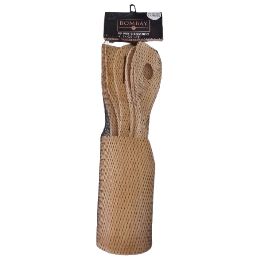Bombay Eco-Friendly 7 Piece Bamboo Cooking Tool Set With Wooden Holder
